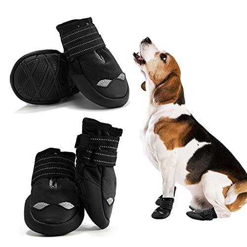 AQH Zapatos Perro, 4 Pcs Zapatos para Perros Botas, Impermeables para Perros Botines Antideslizante y elástica Resistente para Mediano y Grandes Perros (7#, Negro)