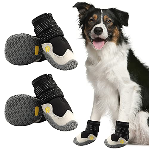 AQH Zapatos Perro, Zapatos Respirable para Perros, con Correas Reflectantes, Protector de Pata de Perro con Suela rombal de Goma de Microfibra Piel (5#)