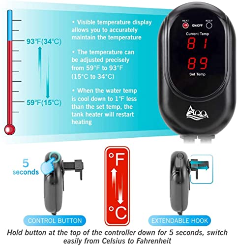 AQQA Calentador de acuario 300W, varilla de calentamiento de acuario digital de temperatura ajustable con pantalla LED y controlador de temperatura externo