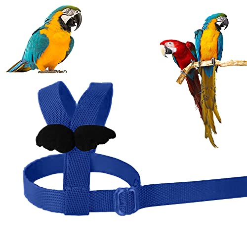 Arnés de loros ajustable para pájaros para mascotas, correa de cuerda de entrenamiento al aire libre, correa elástica antimordedura para pájaros, loros, cacatúas guacamayos (azul, L)