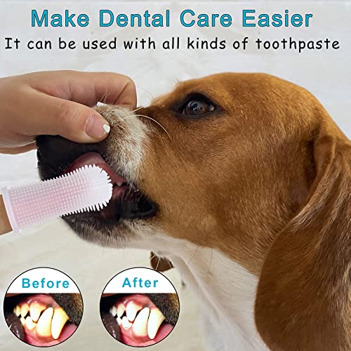 Aujzoo Cepillo de dientes para perros, cepillo de dientes de 360º para mascotas, cepillo de dientes para perros y gatos, cuidado dental de silicona, juego de 4