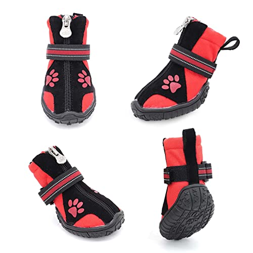 Ausemo Zapatos para Perros Impermeable Reflexivo Botas para Perros Exterior Zapatos de Lluvia de Nieve Antideslizante Calcetines Calzado para Perros Medianos y Grandes,Red,5