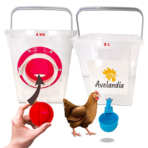 Avelandia [4KG + 5L] Comedero para gallinas Anti Desperdicio 4 KG con Sistema Anti Lluvia y tapón Anti Roedores + 1 Bebedero 5 L de Regalo. Aprovecha el 100% del pienso