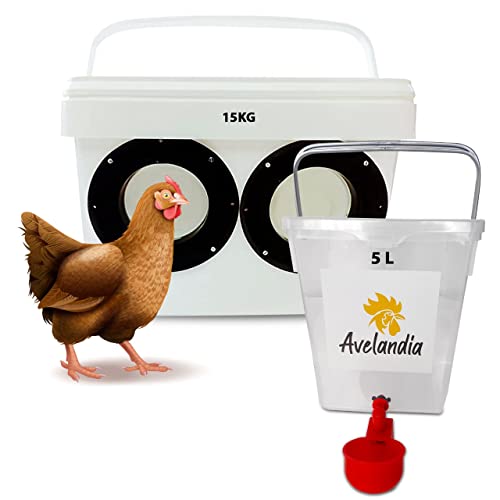 AVELANDIA Comedero para gallinas y Pollos Grande Anti despilfarro 15kg + Bebedero 5 litros de Regalo: Sistema Anti Lluvia y Anti Desperdicio. Aprovecha el 100% del pienso. para Exteriores (2 Puertos)