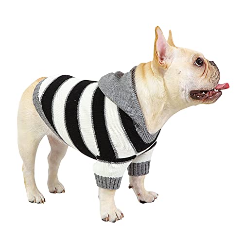Banooo Suéter para perros y mascotas, con pequeñas rayas, de punto, para invierno, cálido, para perros y gatos, para cachorros, pequeño, mediano (gris, S)