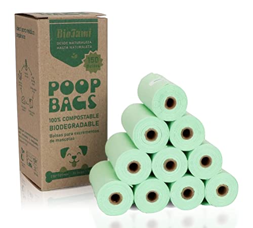 BIOFAMI Bolsas Caca Perro 100% Biodegradables, 150 Bolsas, Materiales Compostables a base de Almidón de maíz, Sin fragancia, Certificación US BPI y EU EN13432 OK Compost Home