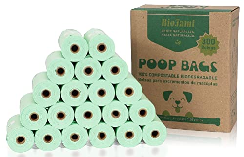 BIOFAMI Bolsas Caca Perro 100% Biodegradables, 300 Bolsas, Materiales Compostables a base de Almidón de maíz, Sin fragancia, Certificación US BPI y EU EN13432 OK Compost Home
