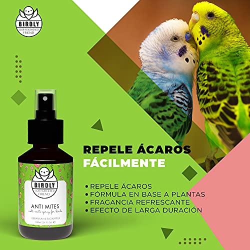 Birdly Spray Antiácaros Aves - Antiparasitario Natural Aves y su Entorno - Protección de Parásitos en Jaulas para Canarios, Jaulas para Agapornis - Repelente de Ácaros con Aceite de Geranio, 100ml
