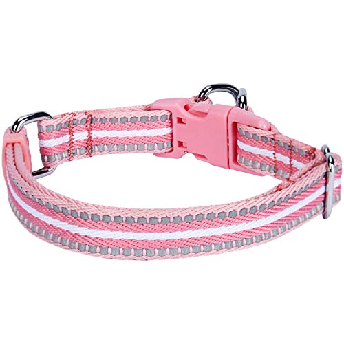 Blueberry Pet 3M Reflective Multi-Colored Stripe Pink and White Dog Collar, Small, Neck 30cm-40cm, Adjustable Collars for Dogs