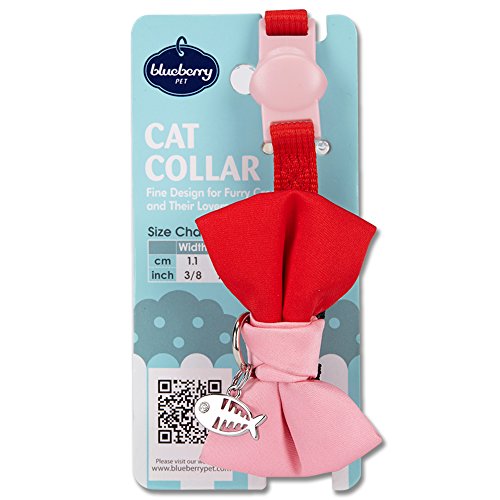 Blueberry Pet Pack of 1 Timeless Scarlet Red & Pink Breakaway Handmade Bow Tie Cat Collar with European Crystal Bead on Fish Charm, Adjustable Collars for Girl, Neck 23cm-33cm, Bow 6cm * 4.5cm