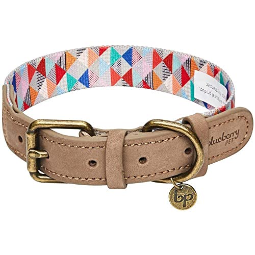 Blueberry Pet Shades of Rainbow Multicolor Triangles Polyester Fabric Webbing and Soft Genuine Leather Dog Collar, Medium, Neck 38cm-46cm, Adjustable Collars for Dogs