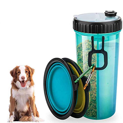 Botella de Agua de Viaje para Mascotas -Recipiente de Agua para de Viaje Portátil Antibacteriano a Prueba de Fugas Botella de Doble Cámara 2 en 1 con 2 Bandejas Plegables Perros Alimentador de Gatos