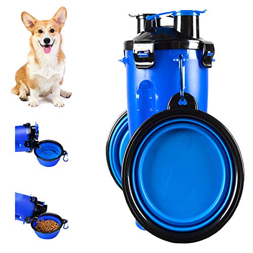Botella de Agua para Perros Portátil 2 en 1 Envase de Comida para Perro 2 Plegable Tazones para Mascotas Bebedero dispensador Mascotas al Aire Libre Caminar Viajar Cámping Paseo Senderismo (Azul)