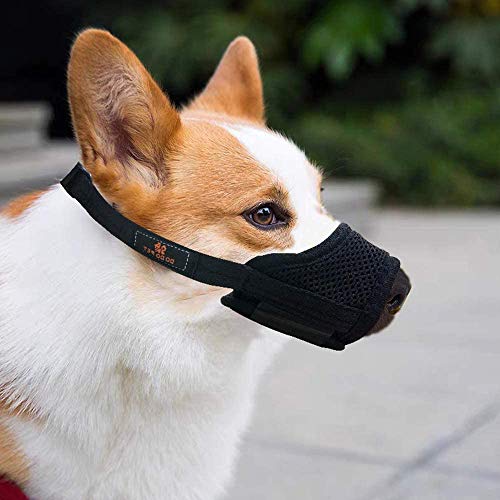 Bozal de perro con malla transpirable y nailon duradero con correas ajustables para evitar morder ladridos masticar, máscara de protección de perro para perros pequeños, medianos y grandes, negro (S)