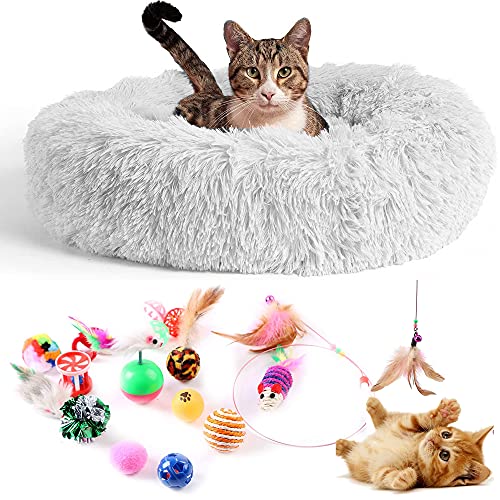 Cama Gato Antiestrés con 16 Juguetes para Gatos, Cama para Gatos Suave Redonda Tipo Donut de 50cm. y Pack de Juguetes para Gatos, Cama para Gatos de Lujo Lavable a Máquina (Cat Toys Gris)