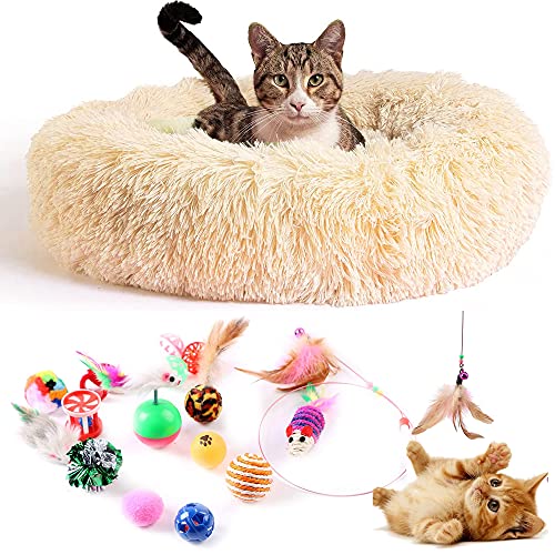 Cama Gato Antiestrés con 16 Juguetes para Gatos, Cama para Gatos Suave Redonda Tipo Donut de 50cm. y Pack de Juguetes para Gatos, Cama para Gatos de Lujo Lavable a Máquina