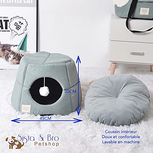 Caseta de cama IGLOO convertible en sofá para gato o perro interior. Material y diseño cuidado + cama interior suave y cómoda, desmontable, plegable, fácil de mantener, color verde oscuro
