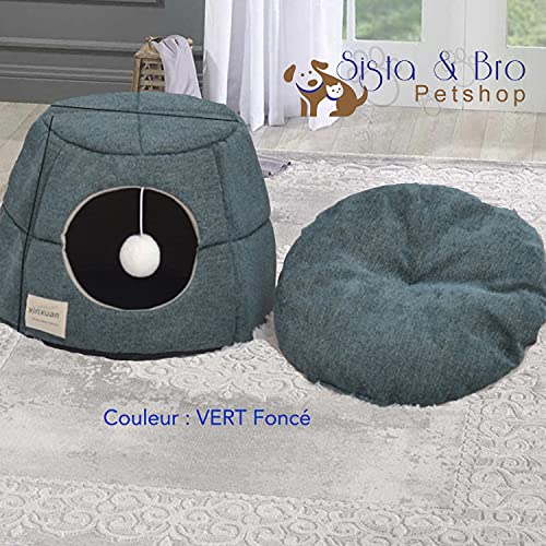 Caseta de cama IGLOO convertible en sofá para gato o perro interior. Material y diseño cuidado + cama interior suave y cómoda, desmontable, plegable, fácil de mantener, color verde oscuro