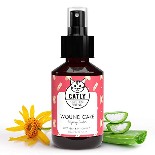 Catly Spray Desinfectante y Cicatrizante para Gatos - Spray Relajante para Gatos - Protección contra Infecciones, Irritaciones y Heridas en la Piel de los Gatos - con Aloe Vera y Árnica - 100 ml