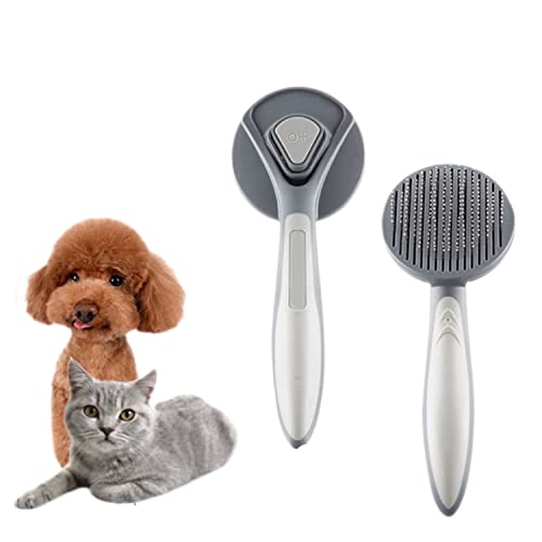 Cepillos para perros y gatos con cerdas cubiertas de punto de goma, cepillo auto limpieza para mascotas, ergonómico y seguro para la piel de tu mascota, elimina pelo muerto (GRIS)