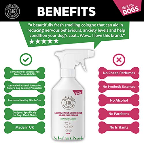 C&G | Perfume en espray para perros de 250 ml de duración para el cuidado de los perros | Calma el nervio y el cachorro ansioso | aceites esenciales de citronela de manzanilla de limón