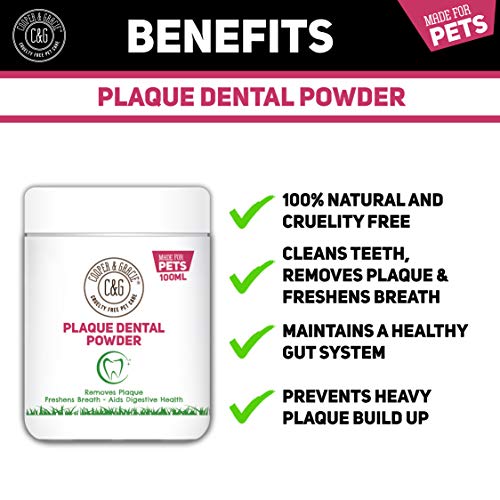 C&G Pets Polvo dental de placa, 100 ml, para sida y digestiva, mezcla antibacteriana a base de plantas, elimina la placa, refresca el aliento, ingredientes 100% naturales, para gatos y perros