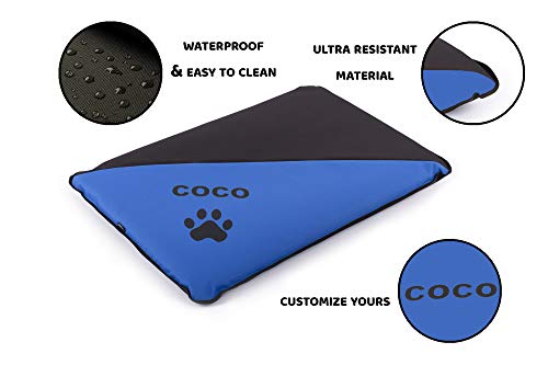 Colchoneta Personalizada para Perros - Impermeable y Resistente - Colchón para Perro Grande, Pequeño y Mediano - Exterior e Interior - Cama Antimordeduras (L - 105 x 75 x 6 CM, Azul)