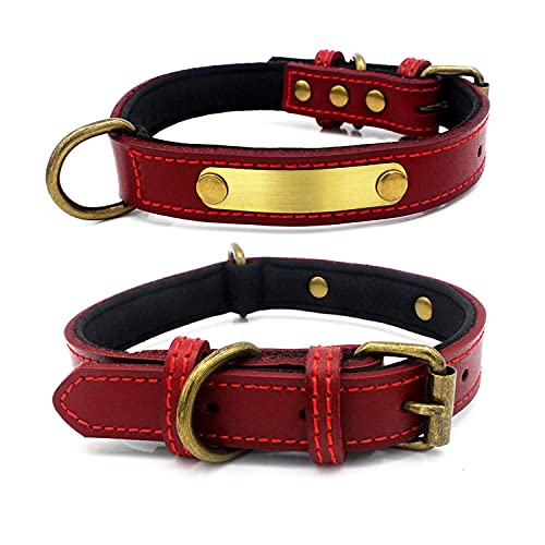 Collar Cuero Suave Acolchado Ajustable Personalizados para Perros Cachorro con Etiqueta de Nombre Grabado Collar Perro Grande Mediano Pequeño Rojo