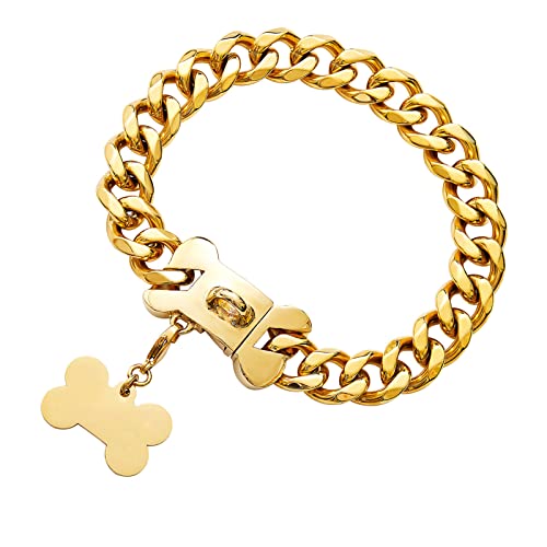 Collar de cadena de oro para perro de 19 mm, collar de eslabones cubanos para perros pequeños, medianos y grandes