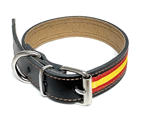 Collar De Cuero para Perros | Collar Perro | Collar Piel | Collar Bandera España (Grande - Contorno Cuello 35 A 45 CM.)
