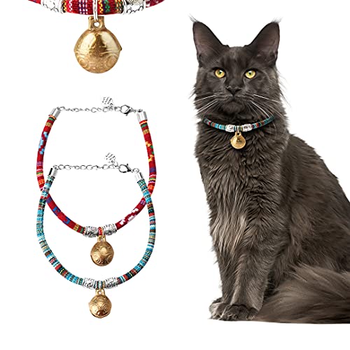 Collar de gato, FayTun Kitten Cat 2PCS Collar de estilo étnico con campana, ajustable 25-30cm Wearable y suave collar de mascotas para los gatos y perros pequeños
