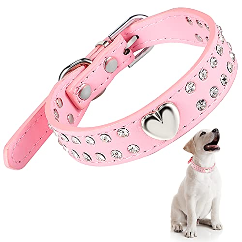 Collar de Perro de Cristal Collar de Mascotas con Diamantes de Imitación Collar de Cachorro Brillante Collar de Perro de Cuero de PU con Tachuelas de Corazón Collar Rosa Ajustable, Talla S