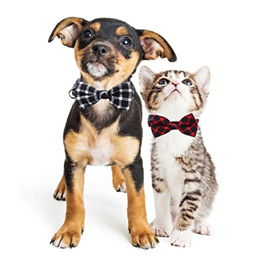 Collar Gato Perro Mascota con Pajarita YUESEN 2PCS pajarita desmontable, collares de Collares de Pajarita de Tela Escocesa duraderos y cómodos para Gato Perro(M,Rojo y Negro)