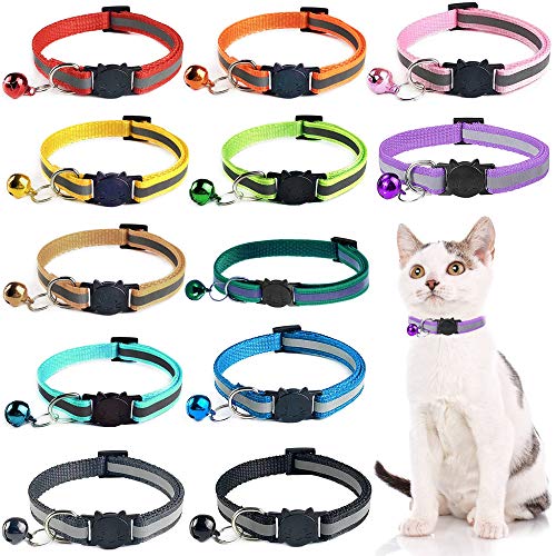 Collar Reflectante Gatos pequeño，12 Piezas Collares de Gato Collar Gato con Campana y Hebilla de Seguridad，para la mayoría de los Gatos domésticos