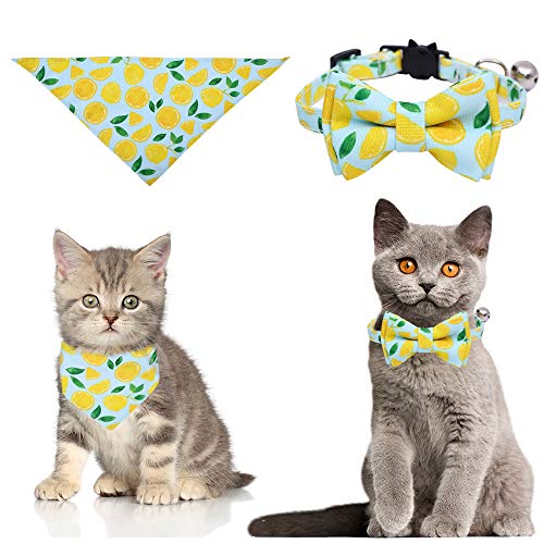 Collares para gato con campana para gato con lazo y mariposa, para mascotas, gatos, ajustable de 0 a 28 cm + pañuelo triángulo (limón)