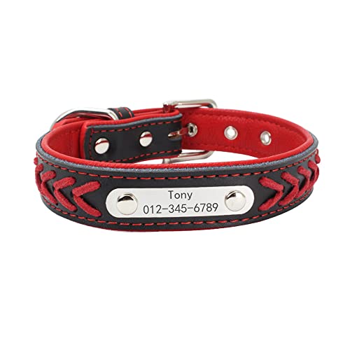 Collares Perros Cuero Personalizados Grabados de Trenzado con Placa de Identificación Personalizada Acero Inoxidable con Nombre y Número de Teléfono Grabados(Rojo,L:37—47CM)