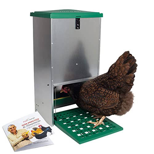 Comedero automático para gallinas - Comedero gallinas antipájaros - Capacidad 20 kg - Tolva selfservice a Pedal - Incluye Guía Práctica de Alimentación de Las Gallinas