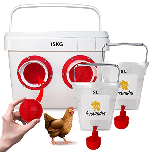 Comedero para gallinas y Pollos Grande 15KG Anti Despilfarro con Tapa Anti Roedores y Ratones + Regalo 2 Bebederos 5L : Cobertura Anti Lluvia. Aprovecha el 100% del pienso