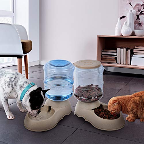 Comedero y Bebedero Automático para Gatos y Perros.1 Dispensador de Agua y 1 de Comida Antideslizantes de gran Capacidad (3,75L) para Mascotas. Materiales de gran calidad (2 piezas)