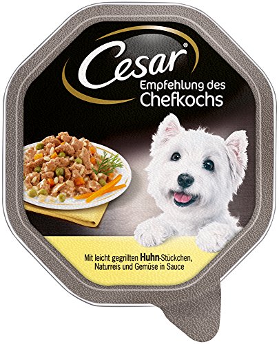 Comida húmeda para Perros de Cesar, recomendación del Cocinero con trozos de Pollo Ligeramente horneados, arroz Natural y Verduras en Salsa, 14 Cuencos (14 x 150 g)