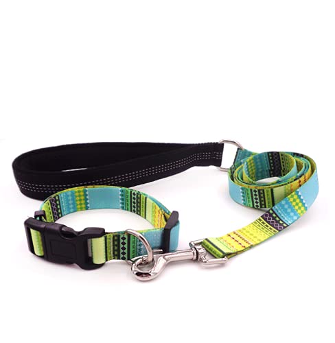 Conjunto de collar y correa de perro con patrones bohemios, estilo étnico suave, ajustable para perros pequeños, medianos y grandes, mascota para caminar al aire libre, correr (verde)