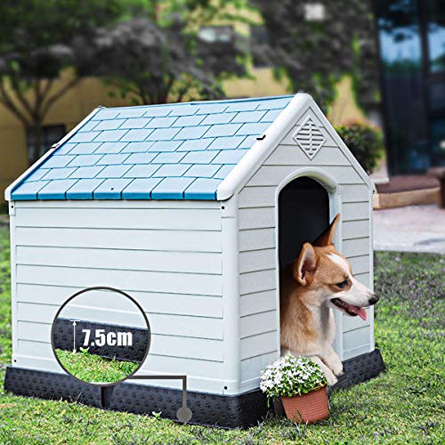 COSTWAY Casa para Perros de Plástico para Jardín Interior y Exterior Caseta para Perro con Suelo Elevado (M)