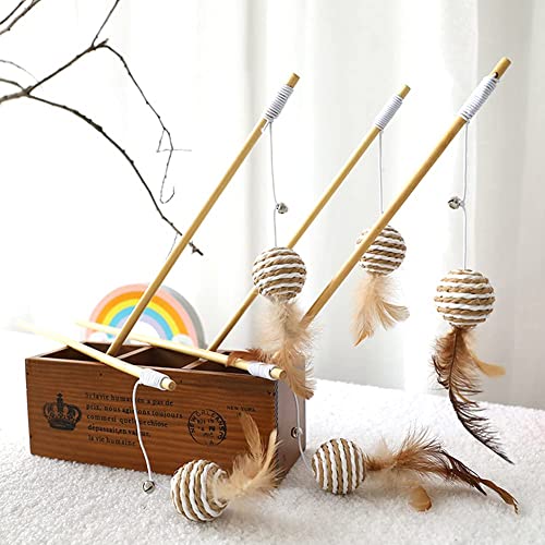 croselyu Juego de plumas de juguete para gatos interactivas | 5 palos de madera natural, 5 juguetes de felpa diferentes, plumas naturales, juguetes de felpa y cuerda elástica (estilo 1)