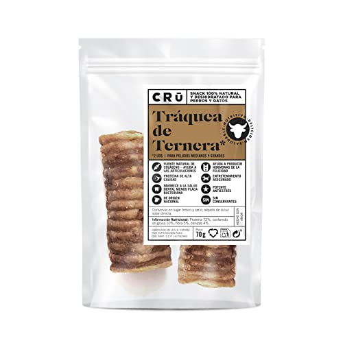 CRU - Snack Premio para Perro, Tráquea de Ternera Deshidratada - 2 Unidades, 100% Natural