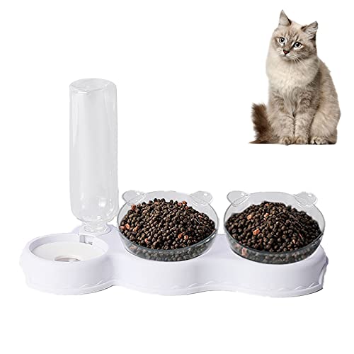 Cuenco del Gato,15°Inclinación Tazón de Alimentación para Gatos,3 in 1 Comedero y Bebedero Automático para Gatos y Perros, Anti Salpicaduras Dispensador de Agua para Gatos (Blanco)