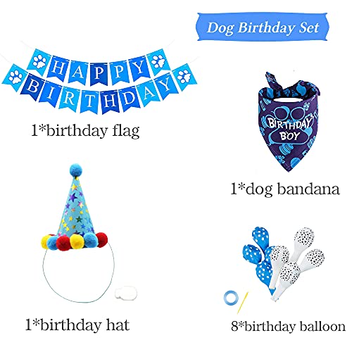 Cumpleaños para Perros,Bandana Cumpleaños Perro,Set de Cumpleaños para Mascotas,Perro Cumpleaños,Decoracion Cumpleaños para Perros,Regalo de Perros（Azul）