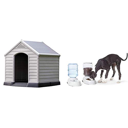 CURVER Caseta de Perro para jardín, Color Topo/Beige, 95 x 99 x 99 cm + Amazon Basics Dispensador de Agua y Comida, Grande