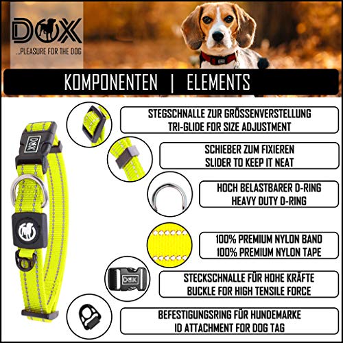 DDOXX Collar Perro Nylon, Reflectante, Ajustable | Muchos Colores & Tamaños | para Perros Pequeño, Mediano y Grande | Collares Accesorios Gato Cachorro | Amarillo, S