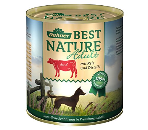 Dehner Best Nature - Comida para Perros Adultos, Vacuno y arroz con Aceite de Cardo, 6 x 800 g (4,8 kg)