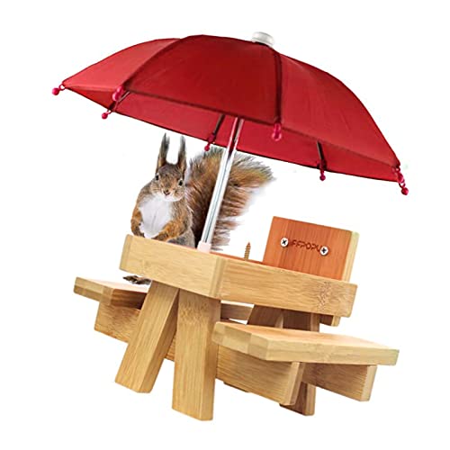 DERCLIVE Comedero de ardilla de madera al aire libre divertido mesa de alimentación de ardillas con paraguas para jardín y jardín, jardín, color rojo